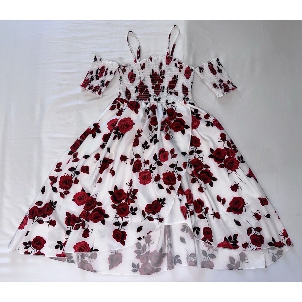 SHEIN Girls Floral Fit & Flare Off Shoulder Long Dress Ruffle White Red Black 8Y